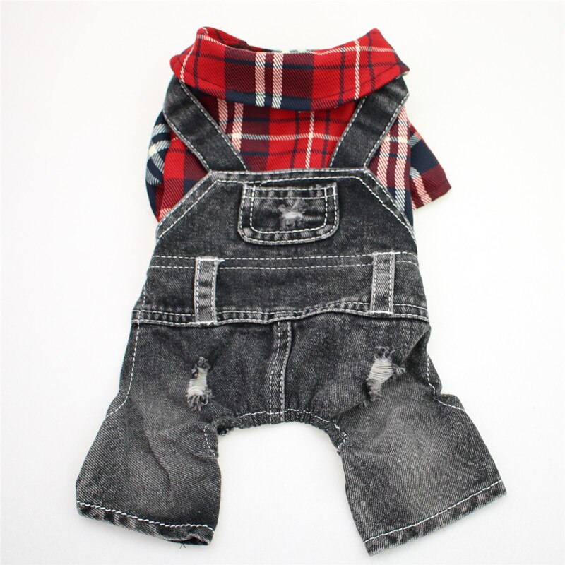 Dog Jumpsuit Plaid Blue Black Denim Jacket Cat Coat Jeans Overalls Pet Clothes for Small Dogs Shih Tzu Jumpsuits Clothing: XL / Red
