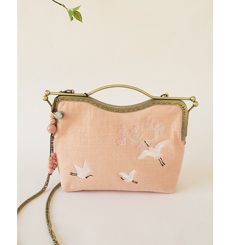 Alasir Original Artsy Bag Chinese Style Bags Vintange Women Handbags Cotton and Linen Crossbody Bags Embroidery Flowers Frame: salmon