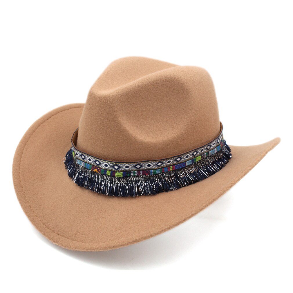Mistdawn klassiske kvinder mænd western cowboy ridning hat ridning cowgirl cap bred brim m / bohemia kvast bånd størrelse 56-58cm: Khaki