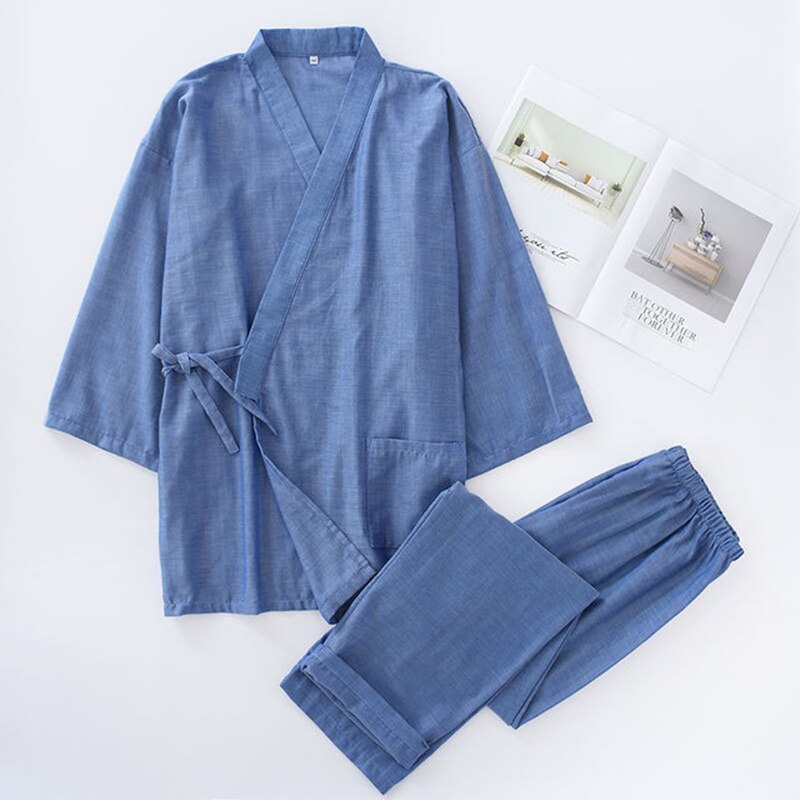 Yukata-Conjunto de pijama japonés de algodón puro para hombre y mujer, ropa de casa de manga larga, traje de Kimono tradicional para verano y otoño