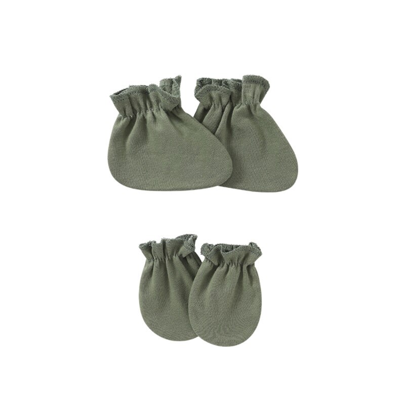 Baby Anti-Kras Zachte Katoenen Handschoenen Voet Cover Set Pasgeboren Wanten Sokken Kit Q9QB: Army Green