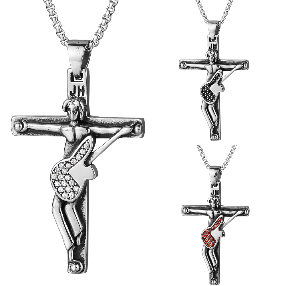 Johnny Hallyday Gitaar Kruis Hanger 3 Kleuren Punk Rvs Ketting Met Zwart Touw Ketting Mannen Kettingen Sieraden
