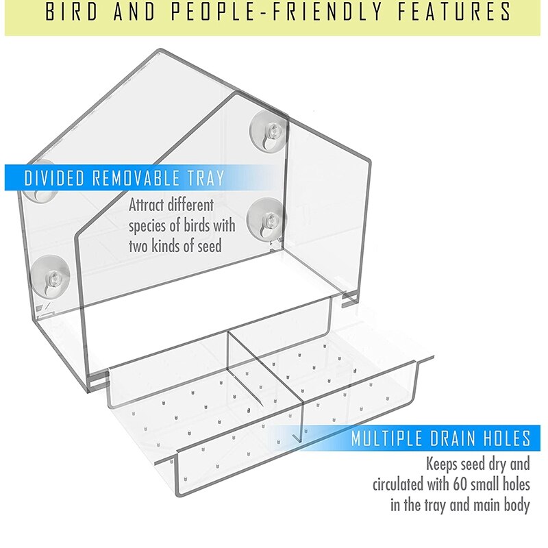 Voederhuisje voor aan het raam - groot vogelhuisje voor buiten. verplaatsbare schuiflade met afvoergaten.