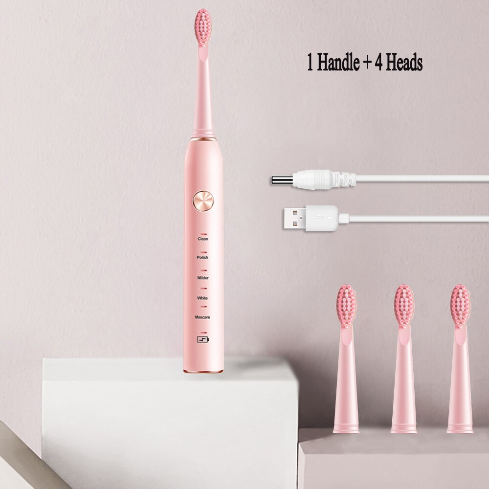 Sonic Electric Toothbrush USB Rechargeable 5 Modes Ultrasonic Automatic Brush Timer Waterproof Dental Brush Teeth Whitening: Pink 4 heads