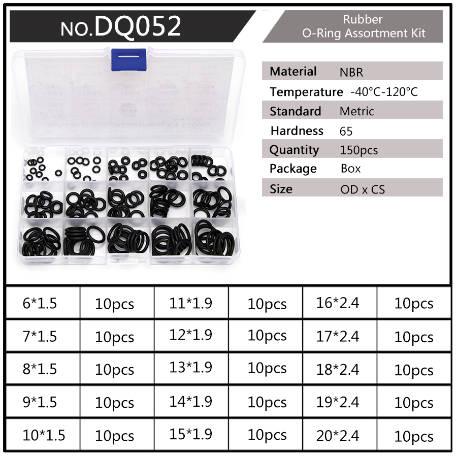PCP DIY NBR Sealing O-rings Durable Gasket Replacements OD 6mm-20mm CS 1.5mm 1.9mm 2.4mm 15 Sizes Rubber Washer 225pcs/SET DQ003: DQ052 x1