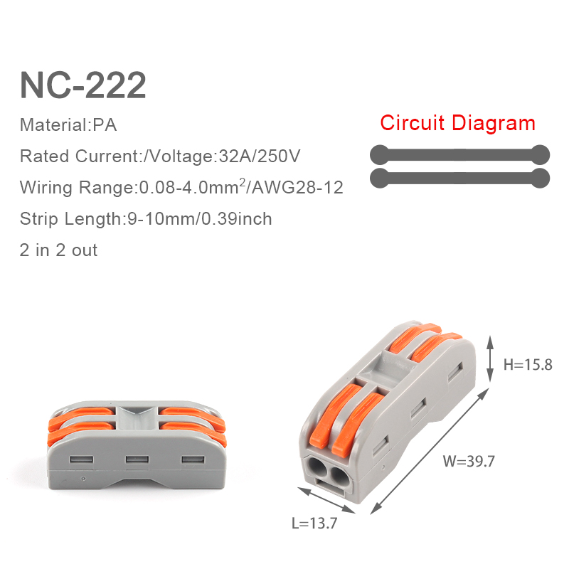 5Pcs Universal Compact Wire Connector SPL 222 2/3/4/5Pin Conductor Wiring Terminal Block Plug-in Quick Connectors with Lever: 5PCS NC-222
