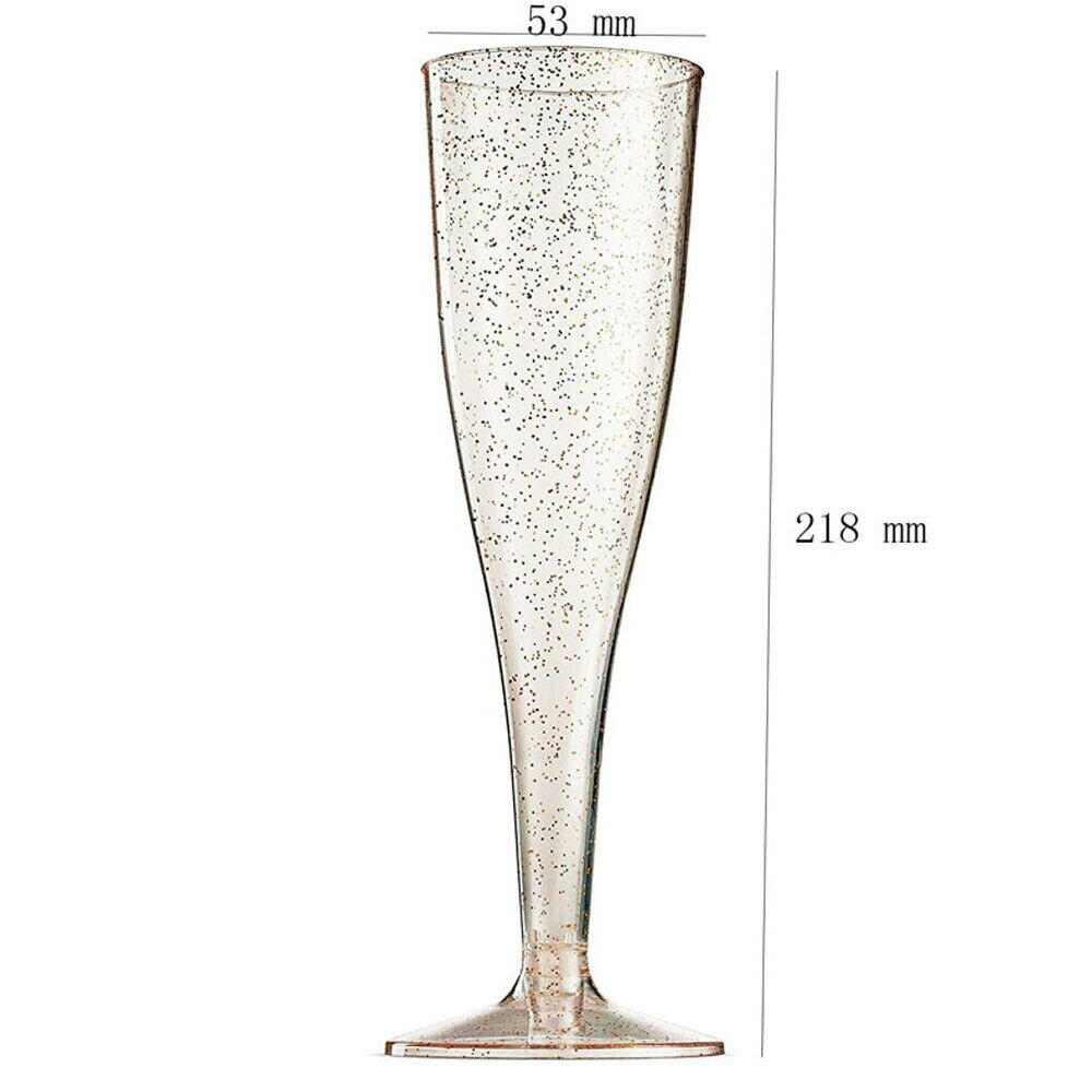 5pcs Gold Glitter Plastic Champagne Flutes ~ 6 Oz Clear Plastic Toasting Glasses