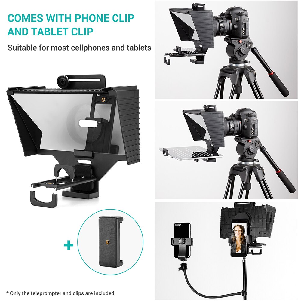 TC3 Portable Folding Teleprompter with Remote Control Lens Adapter Ring for iPhone iPad Tablet Phone DSLR Camera