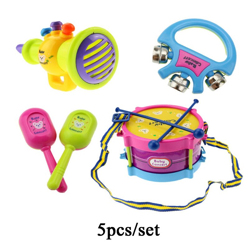 1/5pcs Musical Toy Set Roll Drum Guitar Instruments Band Kit Kids Early Educational Toy Baby Grasp Hand Bell Music Toys ZXH: 5pcs Instrument kit
