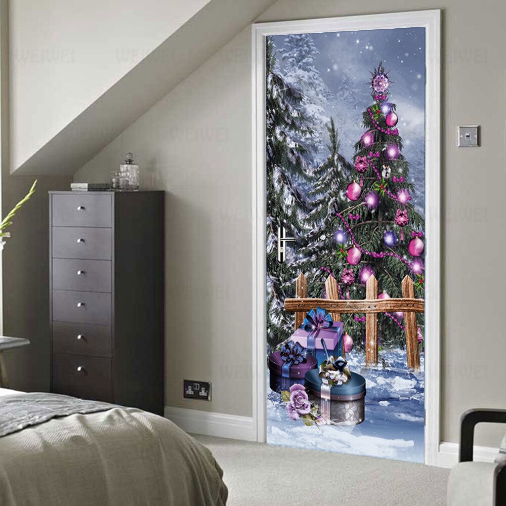 Etiqueta engomada colorida de la puerta del árbol de Navidad, decoración 3D de la habitación del hogar, Mural impermeable de Pvc, sala de estar Calcomanía para, póster adhesivo 3D Diy
