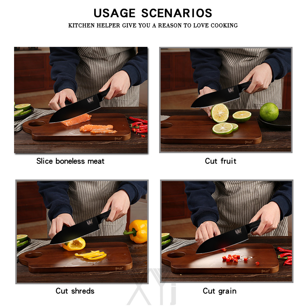 XYj 4pcs Kitchen Chopping Knife Set High Carbon Stainless Steel Santoku Utility Knife All Black Kitchen Tool Cooking Gadgets