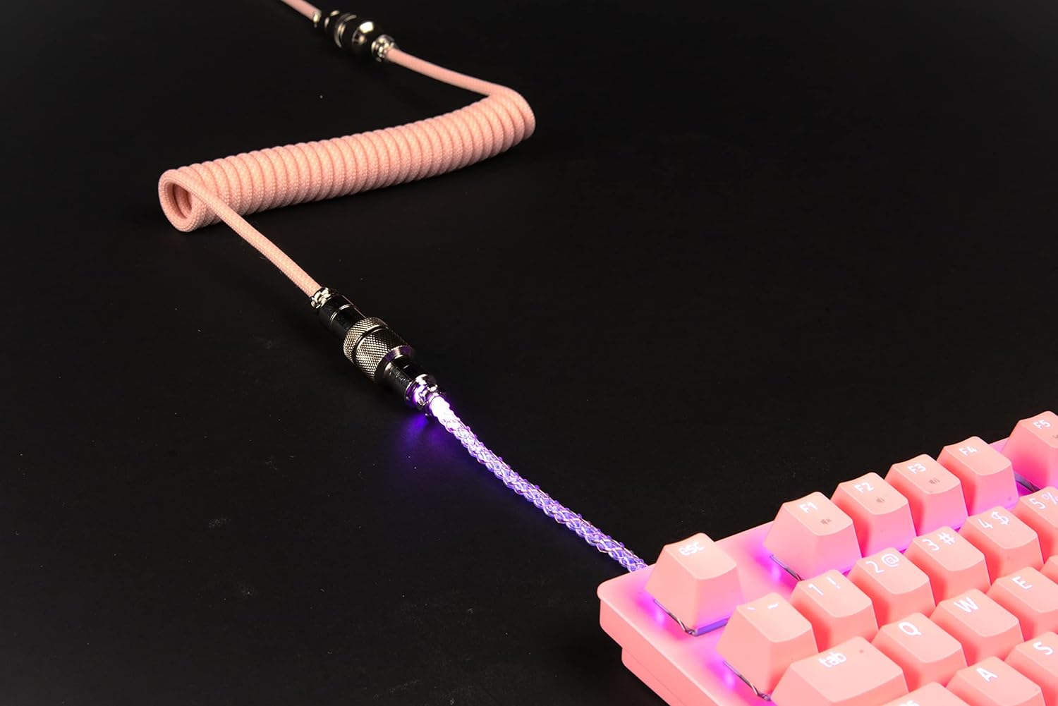 Lighting Coiled Keyboard Cable USB C Cable with RGB Line Mechanical Keyboard Cable Double-Sleeved Aviator Keyboard Cable: Pink