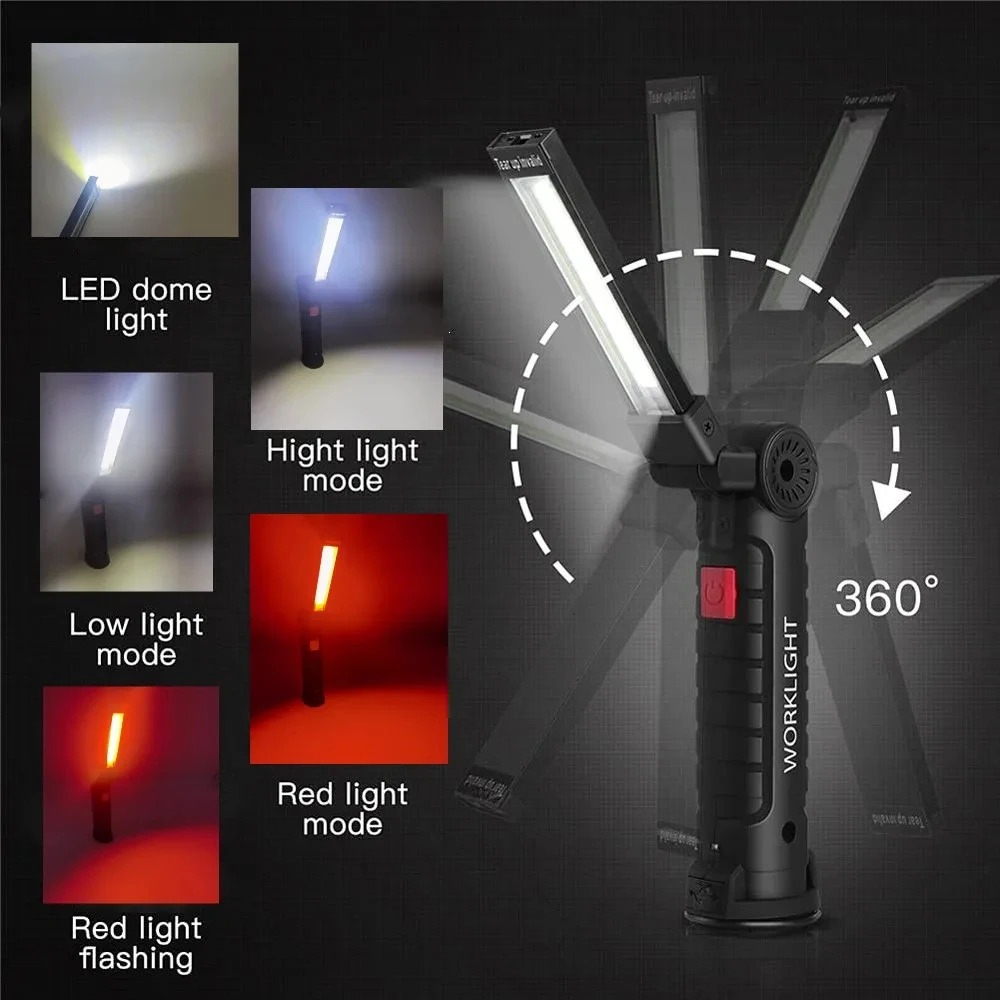 Linterna LED recargable por USB para acampar, luz de trabajo con imán y gancho IP64, resistente al agua, 5 modos de iluminación, adecuada para trabajo nocturno