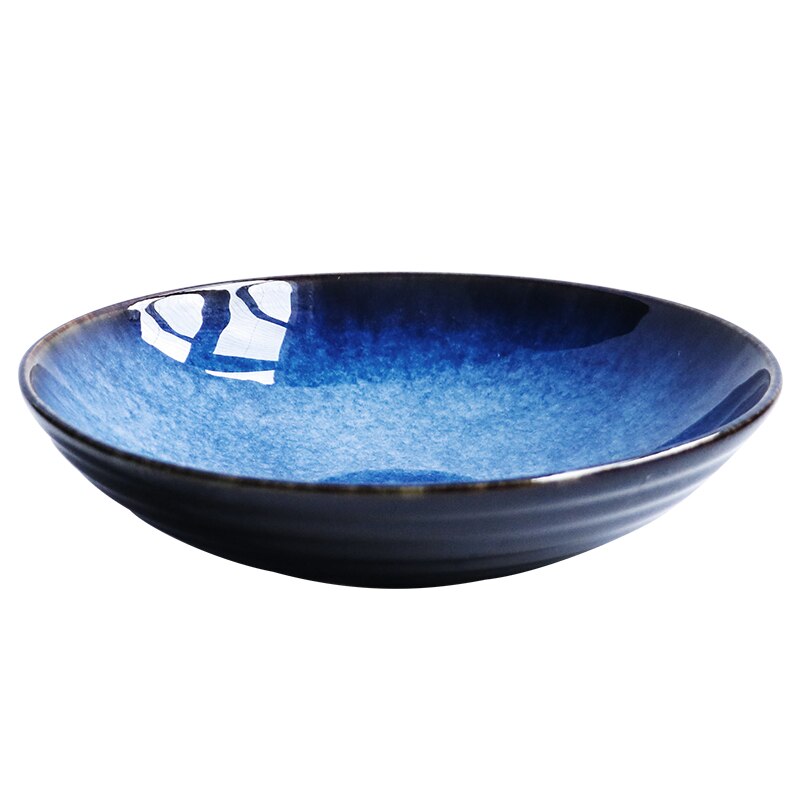 1000ml Deep blue ceramic dinner food plate 9inch cold noodle big deep plate