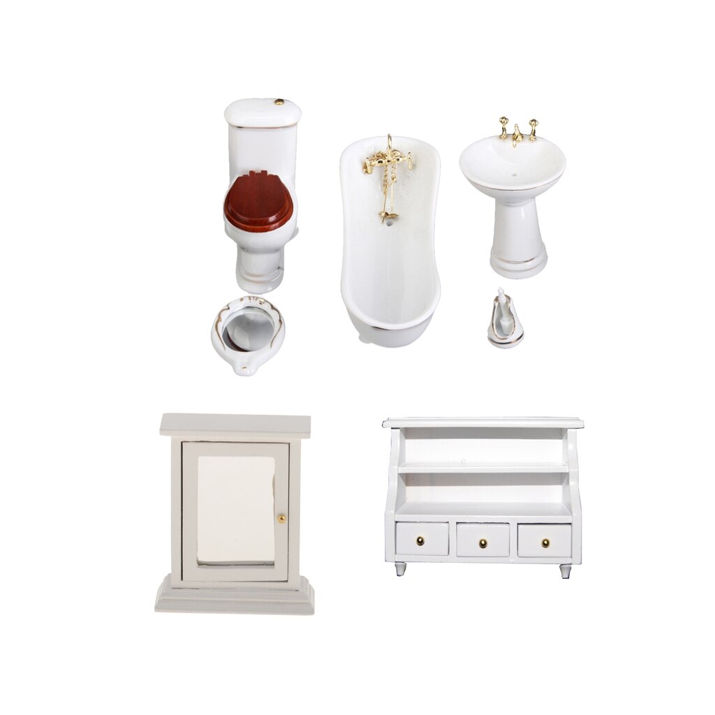 1:12 Scale Dolhouse Furniture, European Style Bathroom Furniture Set with Bathtub Basin and Toliet, Dolls House Furnishings Toy
