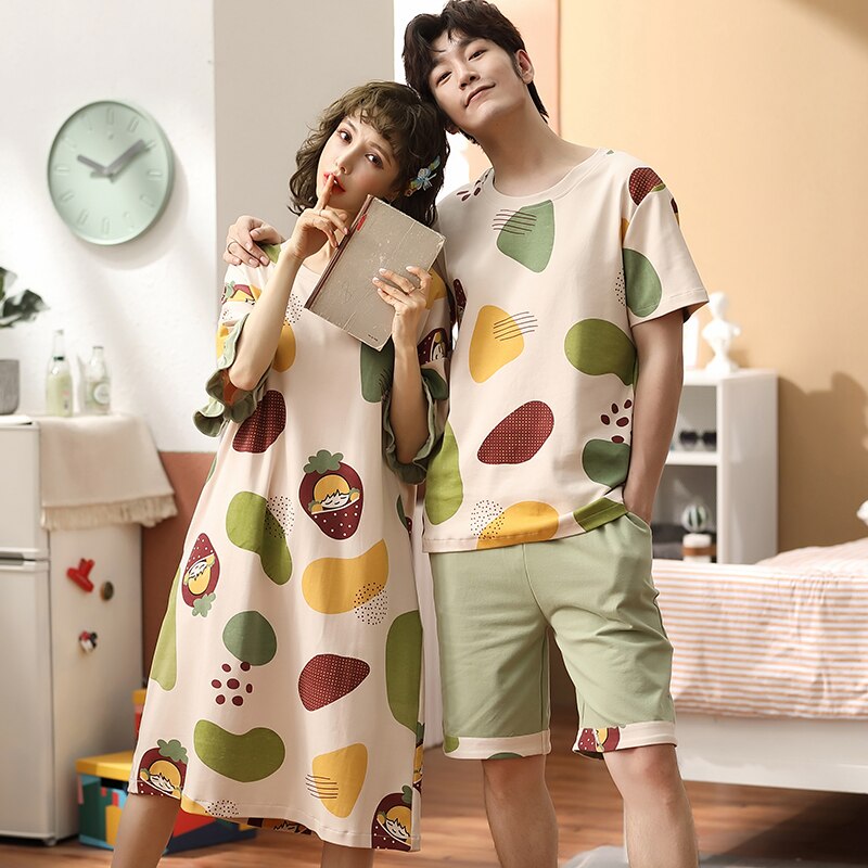 Conjunto de Pijama BZEL de estilo fresco para parejas, ropa interior con estampado de Fruta de dibujos animados, bonito vestido de noche verde, pantalones cortos de verano, , ropa de casa suelta