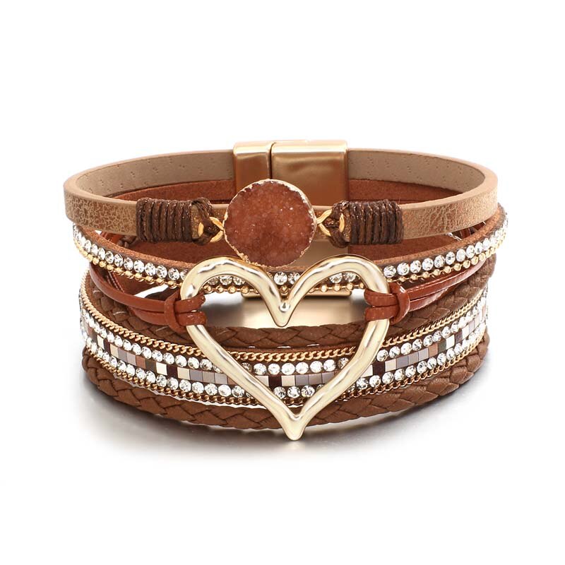 Amorcome-pulsera de cuero trenzado para mujer, brazalete con varias capas de piedras de resina, corazón hueco,: Coffee