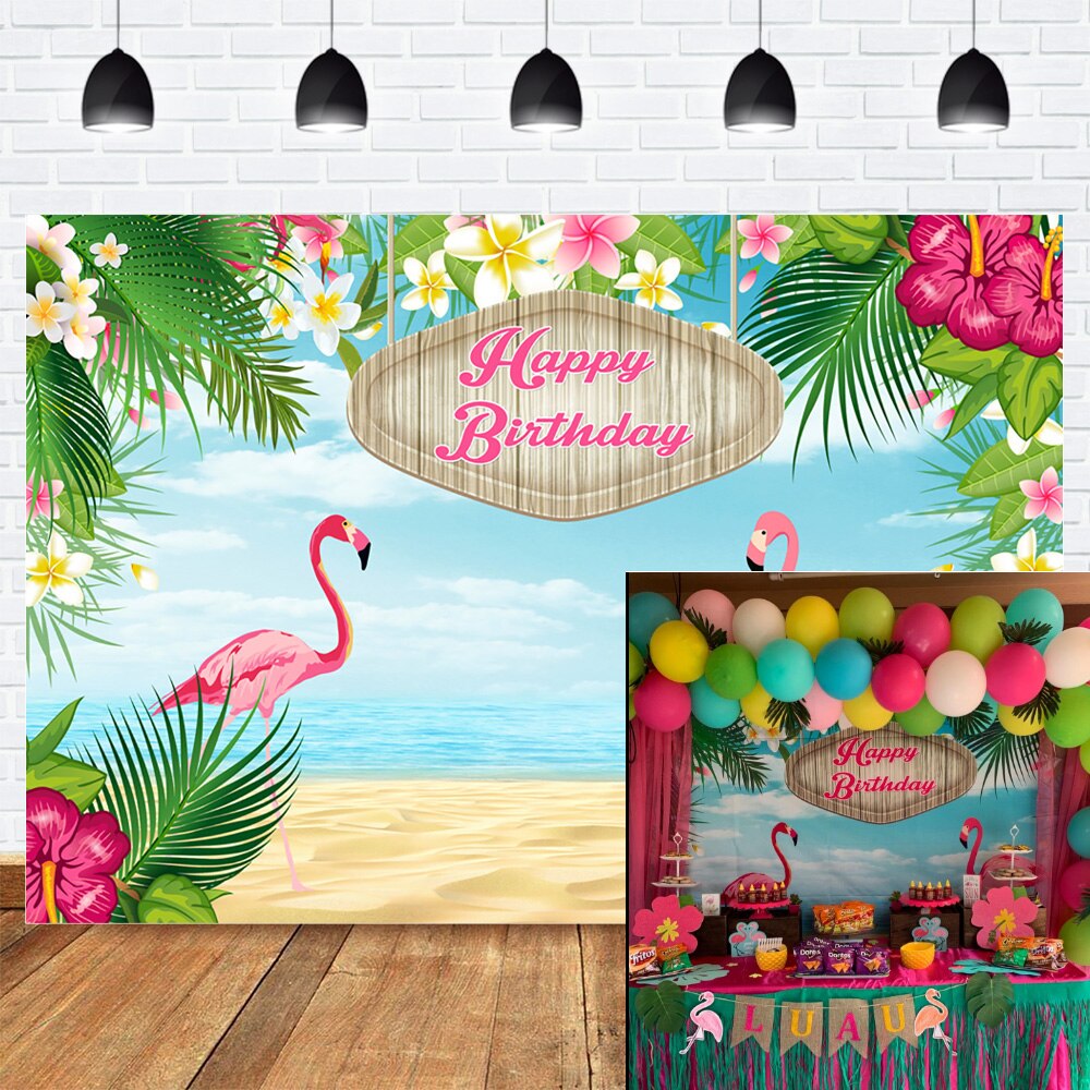 Gelukkige Verjaardag Flamingle Flamingo Hawaiian Verjaardagsfeestje Banner Achtergrond Tropische Strand Of Aloha Party Dessert Tafel Achtergronden