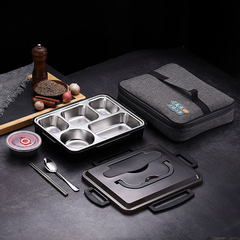 WORTHBUY Japanese Lunch Box For Kids 18/8 Stainless Steel Bento Box With Compartments Tableware Kitchen Food Storage Container: Black With Bowl Bag