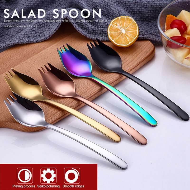 2-In-1 Double Fork Spoon Stainless Steel 304 Spoon Fork One-Piece Pasta Salad Spoon Fork Cutlery: Default Title
