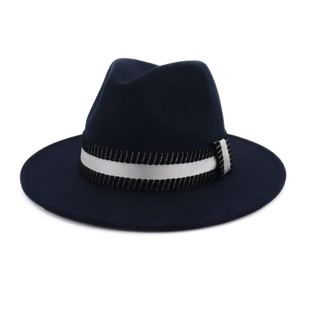 Fs leveälierinen fedora hattu naisille villahuopahatut miehille syksy talvi panama gamble jazz lippalakki raidallinen musta valkoinen nauha: Laivasto