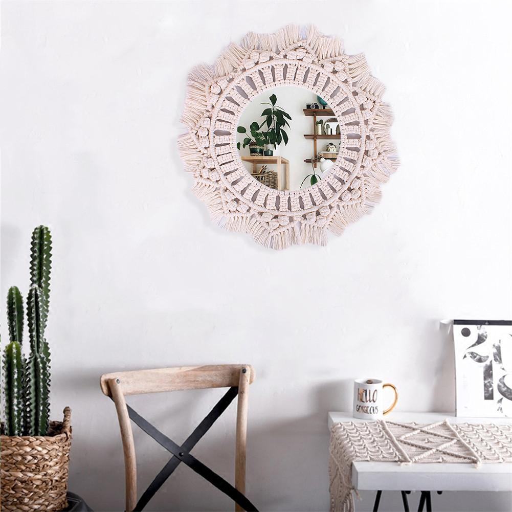 Seinälle ripustettava peili boho-tyylinen puuvillaköysi makrame pyöreä peili makuuhuone olohuone kylpyhuone seinäkoristepeili