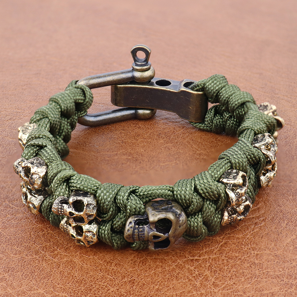Pulsera tejida con calavera Vintage para hombre, brazaletes hechos a mano, brazaletes de Paracord de supervivencia al aire libre, pulseras ajustables Punk Hip Hop, joyería: Color amarillo claro
