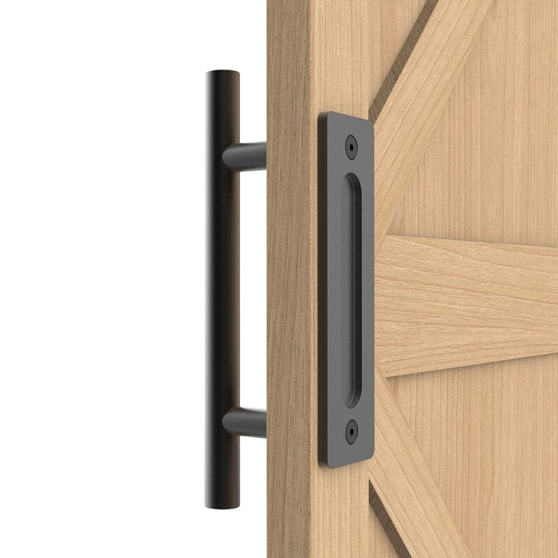 12 Inch Sliding Barn Door Handle Pull And Flush Hardware Set With Barn Door Floor Guide, Rustic Black (1 Set)