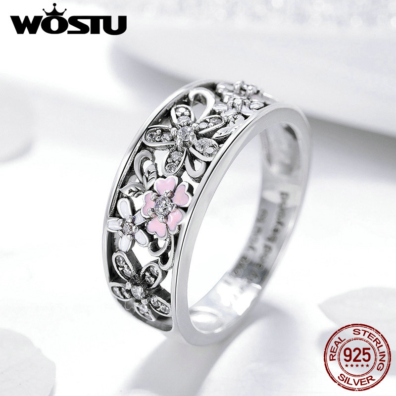 WOSTU Real 925 Sterling Zilver Sparkling Stapelbaar Bloem 4mm Vinger Ringen Voor Vrouwen Zilveren Sieraden Party Wedding FIR390