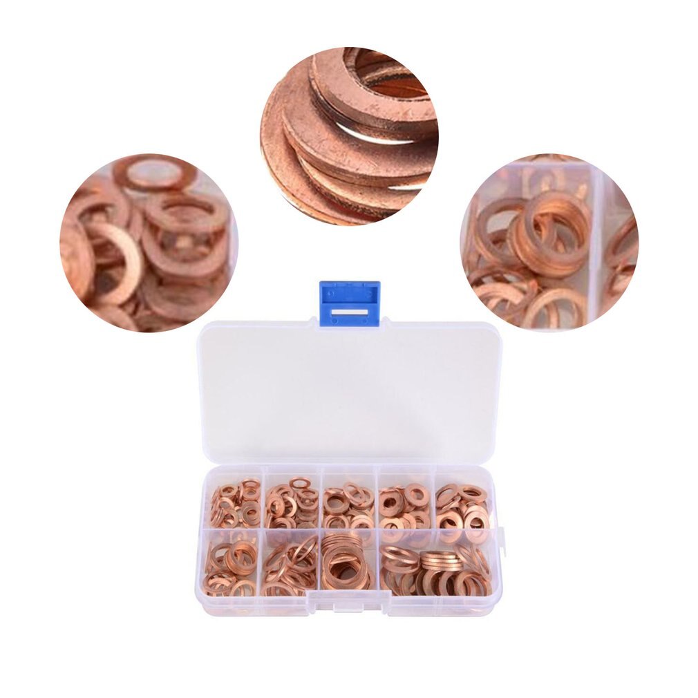 200Pcs M5-M14 Assorted Solid Copper Gasket Washer Seal Flat Ring High Performance Oil Blocking O-ring Combination