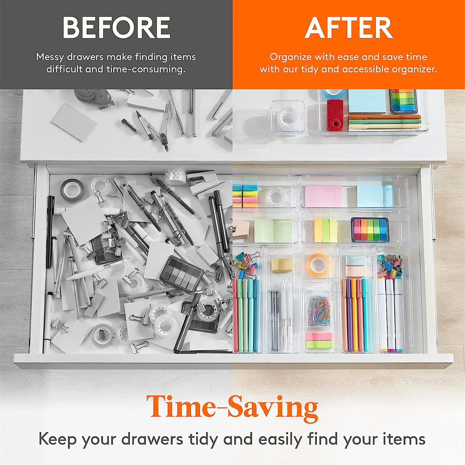 10-delige veelzijdige lade-organizerset - doorzichtige plastic dienbladen en verdelers in 4 maten voor perfecte make-up en keukenopslag