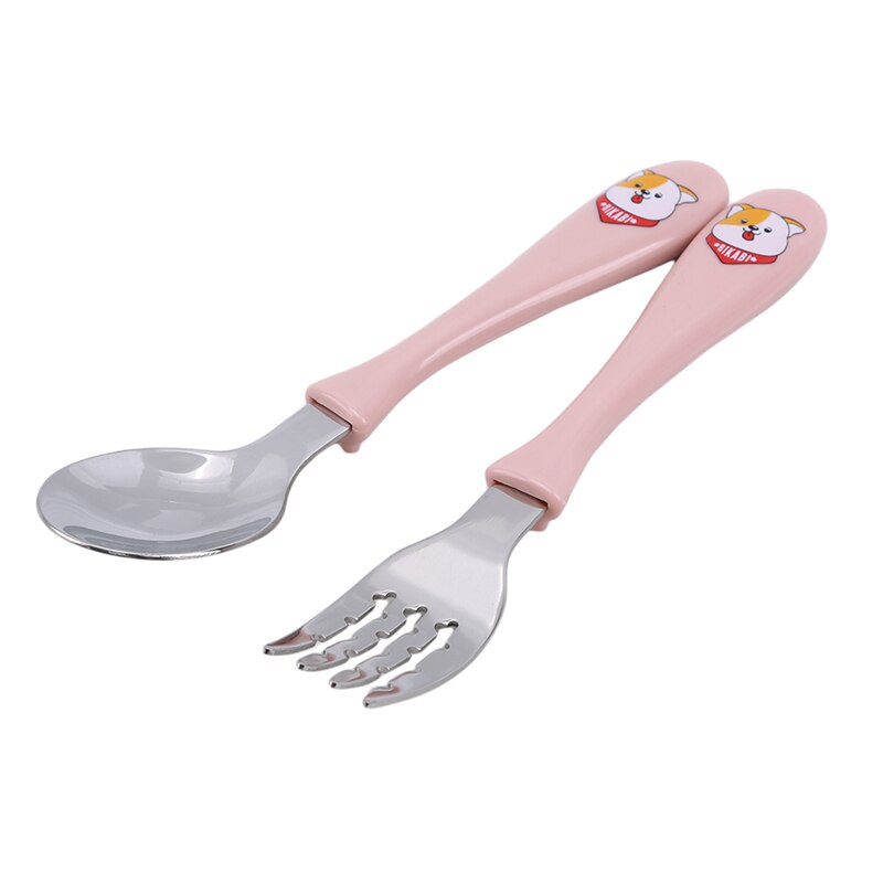 Tecknat mönster barn sked gaffel set bebis matningssked rostfritt stål barn äter redskap småbarn bebis bestick tillbehör: Rosa