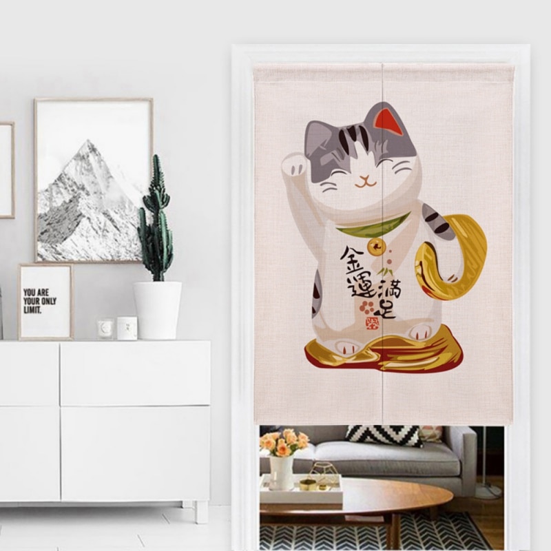 Rideau de porte en coton et lin | Motif chat chanceux, rideaux de porte, diviseur de décoration pour la maison, pour chambre à coucher et cuisine