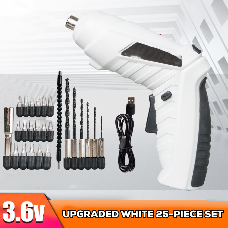 Electric Screwdriver 3.6V Portable USB Charging Cordless Battery Screwdriver Power Drill Bit Screw Driver Kit Hand Repair Tools: White-25