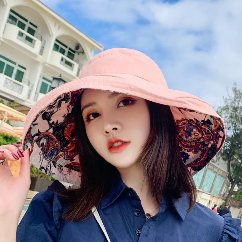 Women Boho Ethnic Floral Reversible Sun Hat Large Wide Brim UV Protection Foldable Floppy Beach Cap with Chin Strap