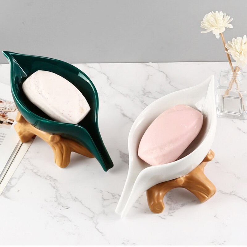 Jabonera creativa con hojas de cerámica para el hogar, soporte de drenaje nórdico para el baño, contenedor de jabón para la cola