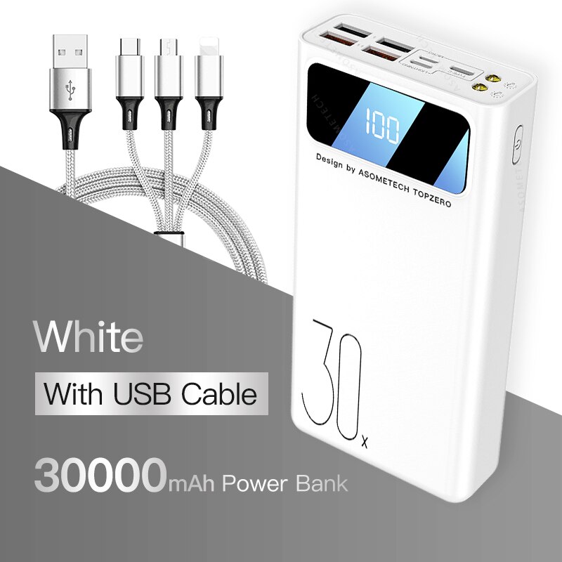 30000mAh Power Bank 4 USB Outputs LED Portable Powerbank USB Type C 30000 mAh Poverbank External Battery Pack For Phone Tablet: White with Cable