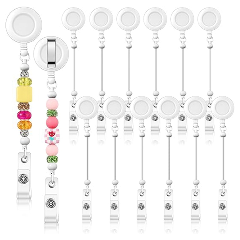 12 szt. Zestaw kołowrotek z koralikami robić samodzielnego montażu, chowany identyfikator, identyfikator uchwyt na szpulę robić koralików, półfabrykat z klipsem robić paska