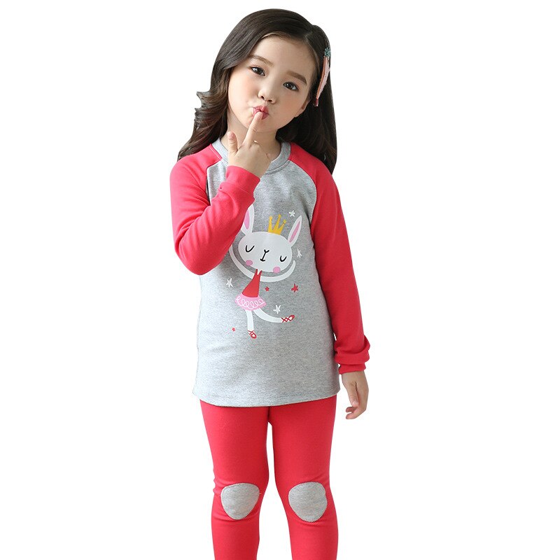 Piger trykt tegneserie dansende kanin børn pyjamasbukser lange ærmer rund hals sæt børn nattøj nattøj outfit: 110cm