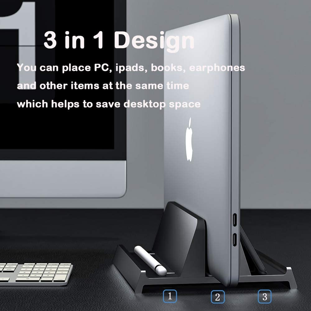 Vertical Laptop Stand Holder Adjustable Desktop Notebook Dock 3 in 1 Space-Saving Stand for MacBook Pro Air, Laptop Accessories