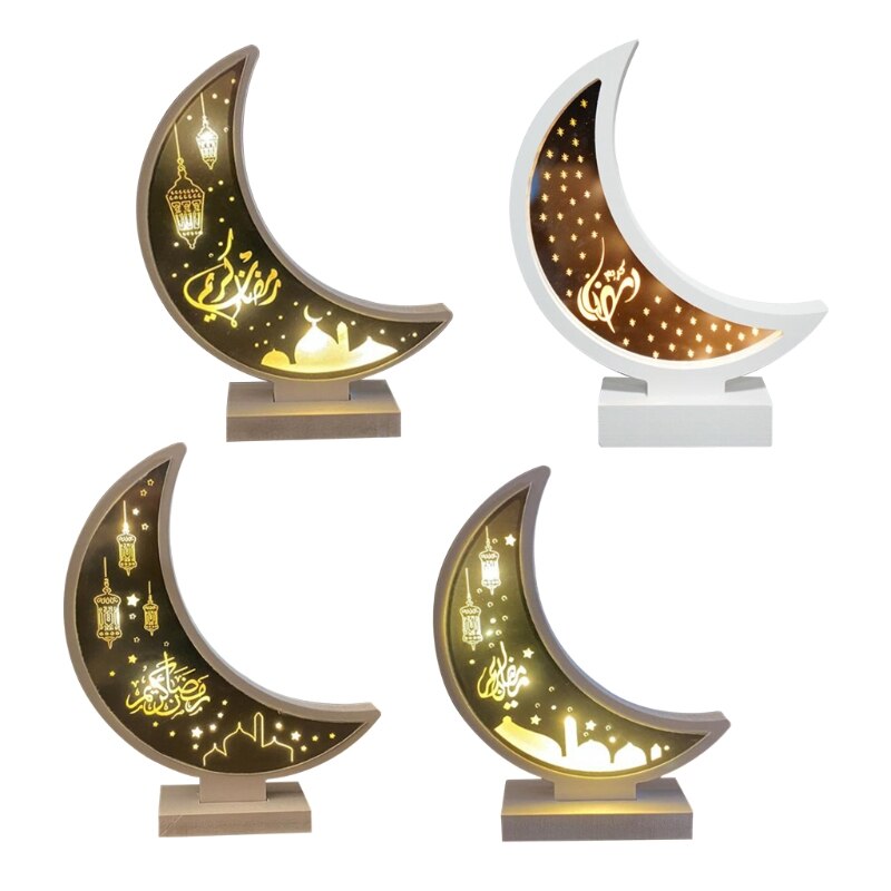 Ramadan Eid Mubarak Decorations Wooden Moon Ornament Arab Muslim Light Craft
