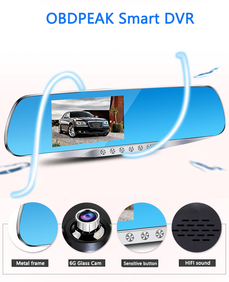 Car Dvr Car Rearview Mirror Video Recorder with Rear View Camera 5 Led Lights Silver Border Dash Cam Dual Lens Autoregistrar