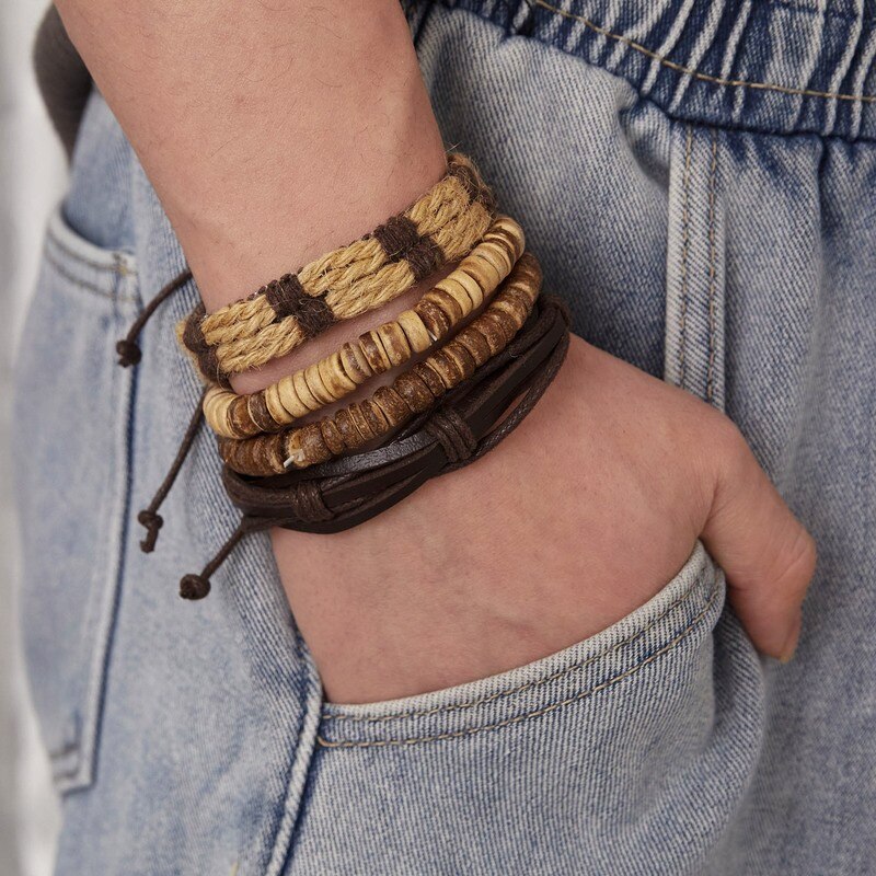 4 pezzi combinazione bracciale da uomo Set corda marrone perline di legno di cocco bracciali in pelle intrecciata per uomo regalo gioielli Pulsera Hombre