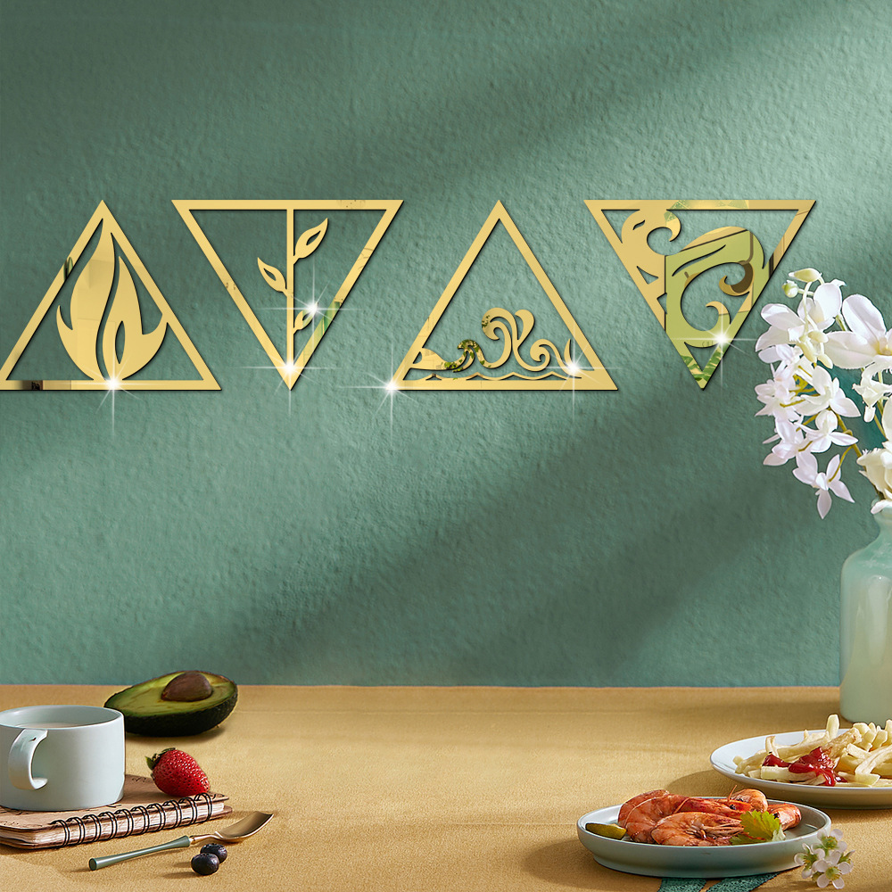 Wind Fire Water Earth Four Elements Acrylic 3D Mirror Sticker Self Adhesive geometry Decor Wall Sticker custom DIY sticker