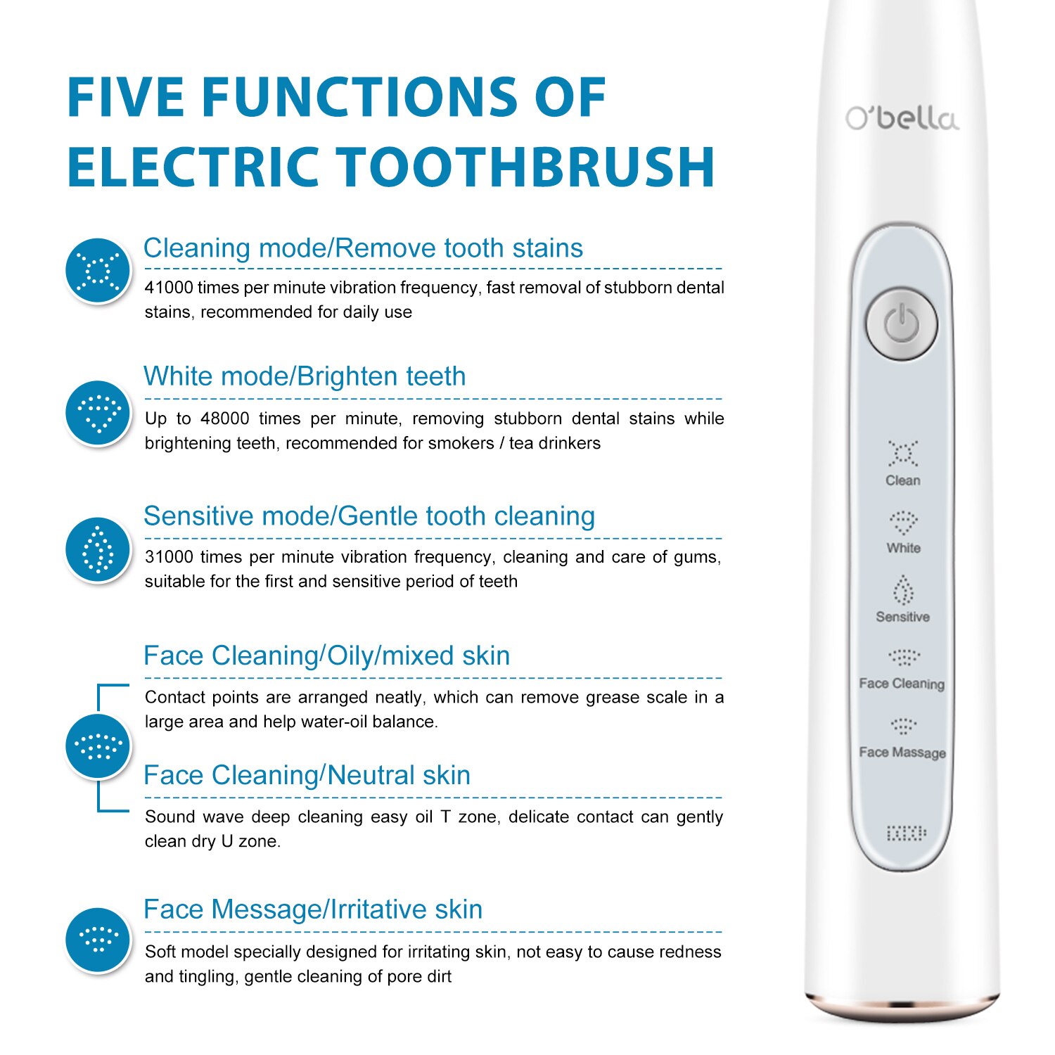 O'bella T10 Electric Toothbrush USB Rechargeable Sonic Electrric Toothbrush Upgraded Ultrasonic Toothbrush Face brush