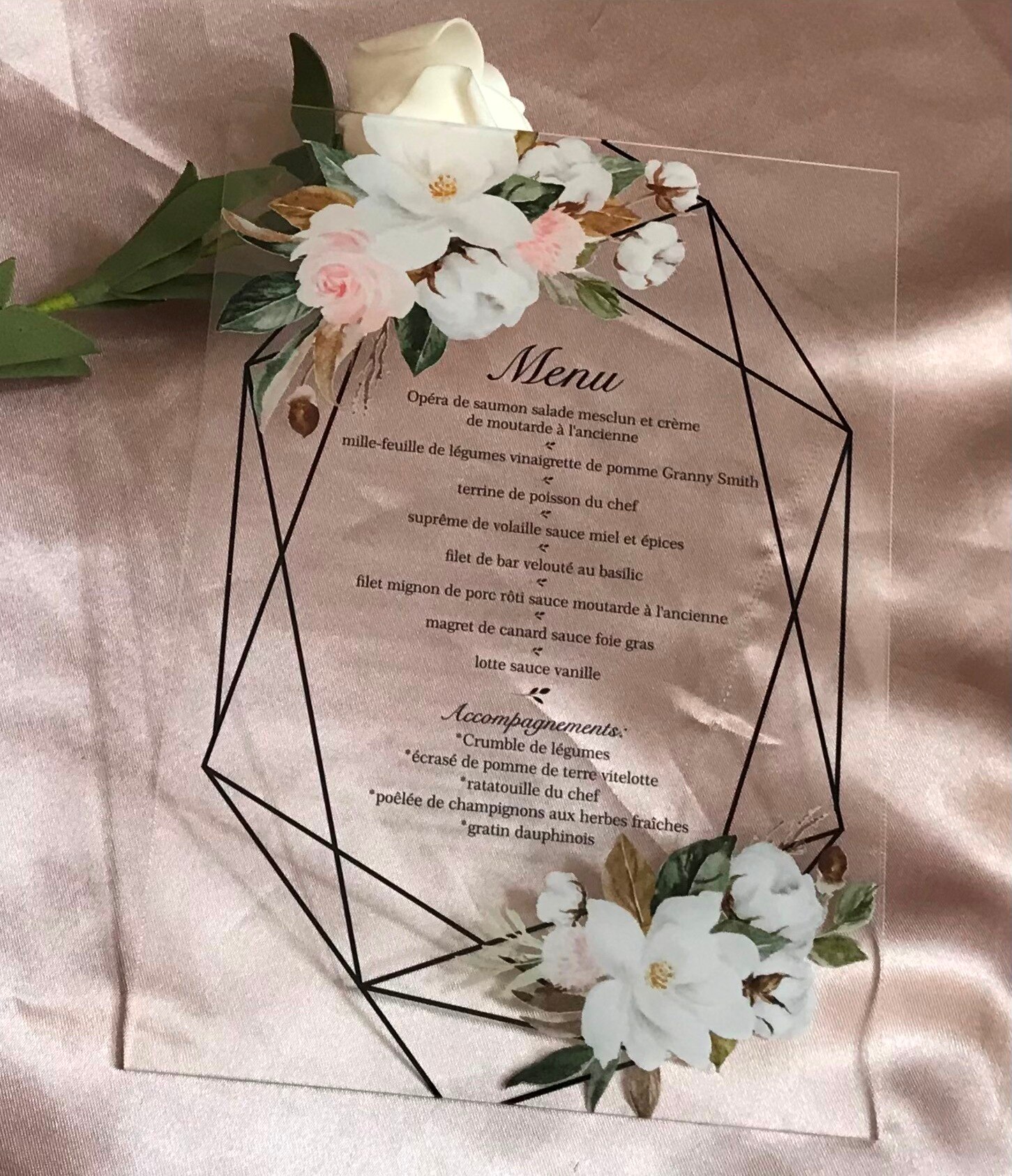 Pink,White Rose,Peony,10pcs Acrylic Wedding Menu Cards,Acrylic Wedding Invitations,Custom Greenery Acrylic Party Dinner Menu
