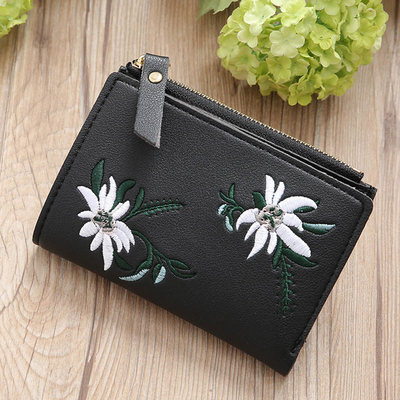 Embroidery Short Wallet Leather Clutch Wallets Female Floral Hasp Coin Purse Small Zipper Bag Credit Card Holders: Black
