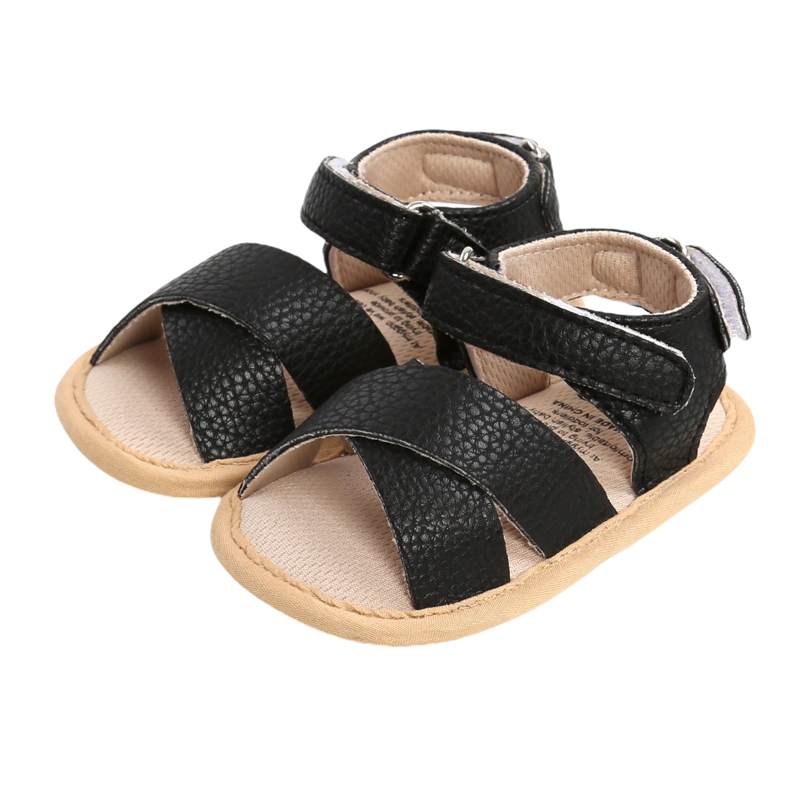 Baskets en cuir PU pour -né garçon et fille, chaussures d'été à semelle souple, sandales adaptées pour bébé de 0 à 18M,: Black / 13-18 mois