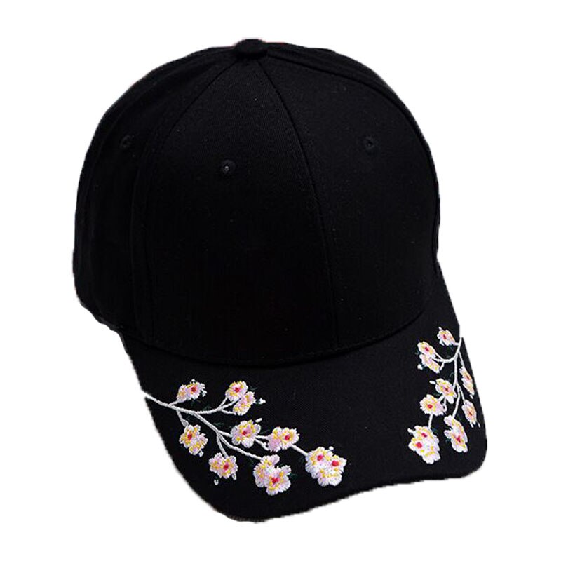 Bomulds baseball hatte til kvinder blomme blomst broderi gorras planas hip hop afslappet snapback hætter: Sort