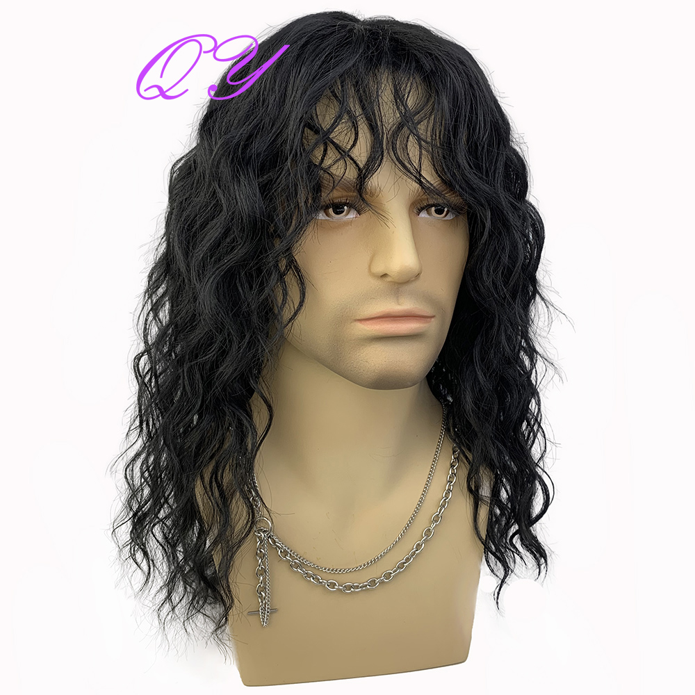 Synthetic Men Wig Natural Curly Dark Brown Color Male Wig With Bangs Water Wave Daily or Cosplay Adjustable Man Hair Wig